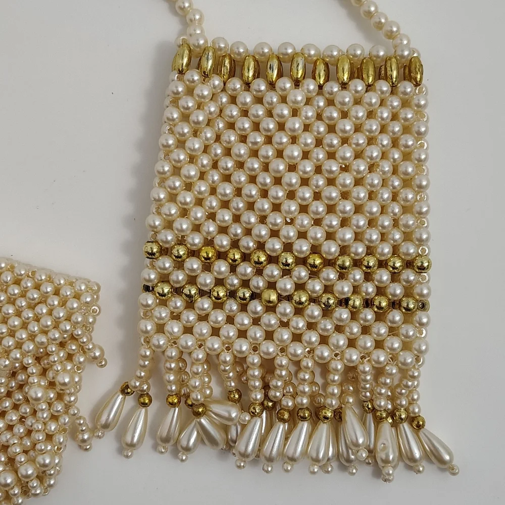 Vintage 70s 80s Off White Faux Pearl Beaded Purse Necklace And Keychain Bridal - Picture 4 of 8